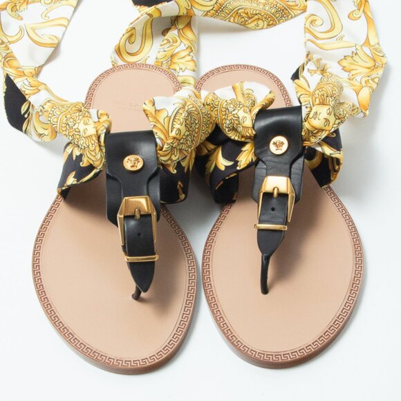 NIB Versace Medusa Ankle Wrap Silk Sash Barocco Sandals Flats Black & Gold, 37 - Picture 7 of 16